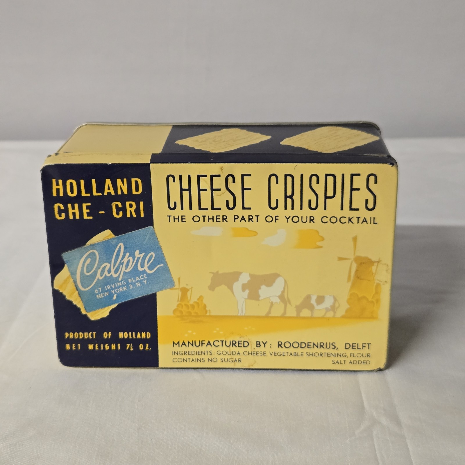 Vintage Holland Che-Cri Cheese Crispies Tin Box Dutch Food Advertising 1950s E10