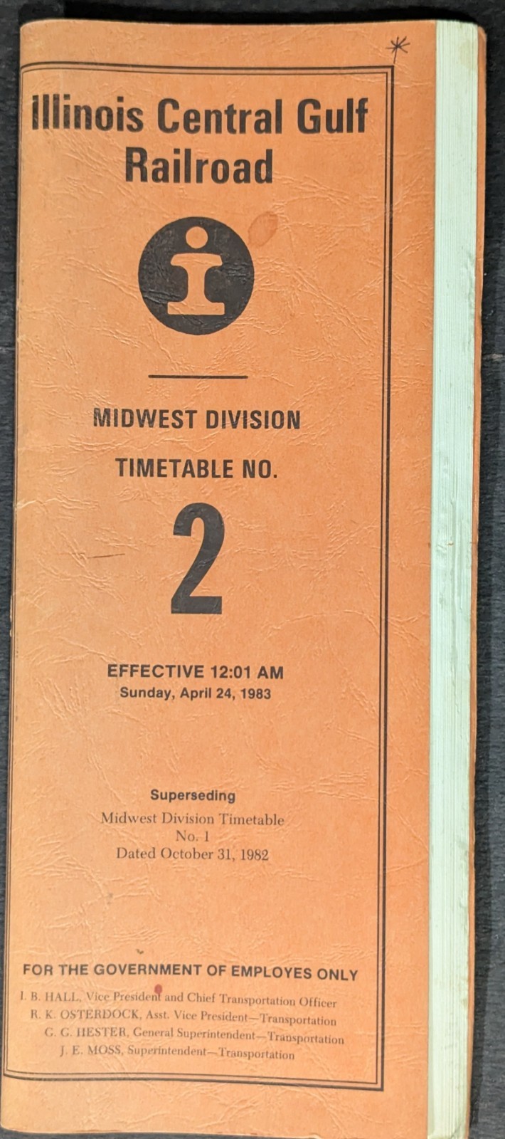 **VINTAGE 1983 ILLINOIS CENTRAL GULF RAILROAD EMPLOYEE TIMETABLE NO. 2*** **VINTAGE 1983 ILLINOIS CENTRAL GULF RAILROAD EMPLOYEE TIMETABLE NO. 2***