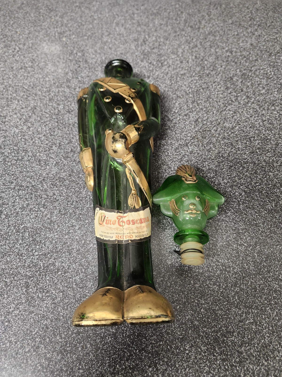 Vintage Green glass Italian Wine soldier man decanter rare  Vino Toscano 