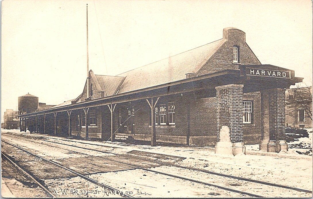 RPPC Harvard Illinois Street Scene Railroad Depot early 1900s