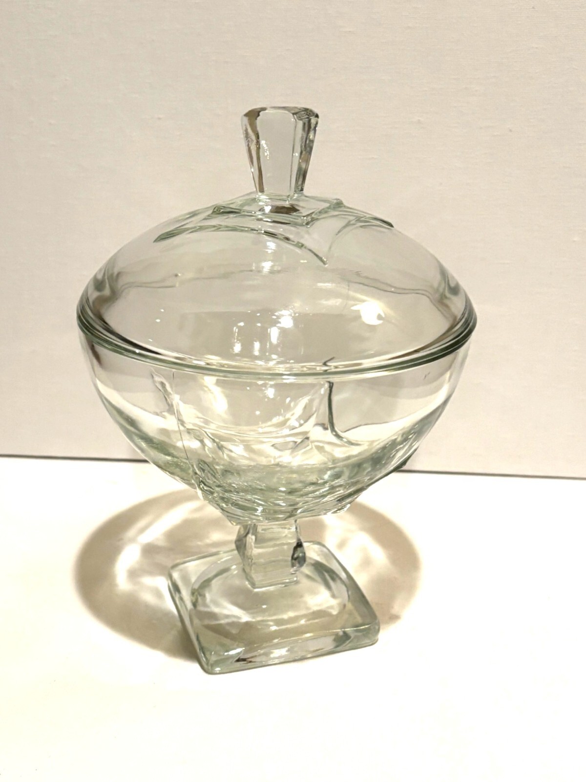 Vintage EAPG Clear Glass Covered Compote Square Base Diamond Candy Dish