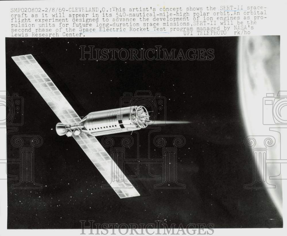 1969 Press Photo Artist\'s concept of experimental spacecraft Sert-II. 1969 Press Photo Artist\'s concept of experimental spacecraft Sert-II.