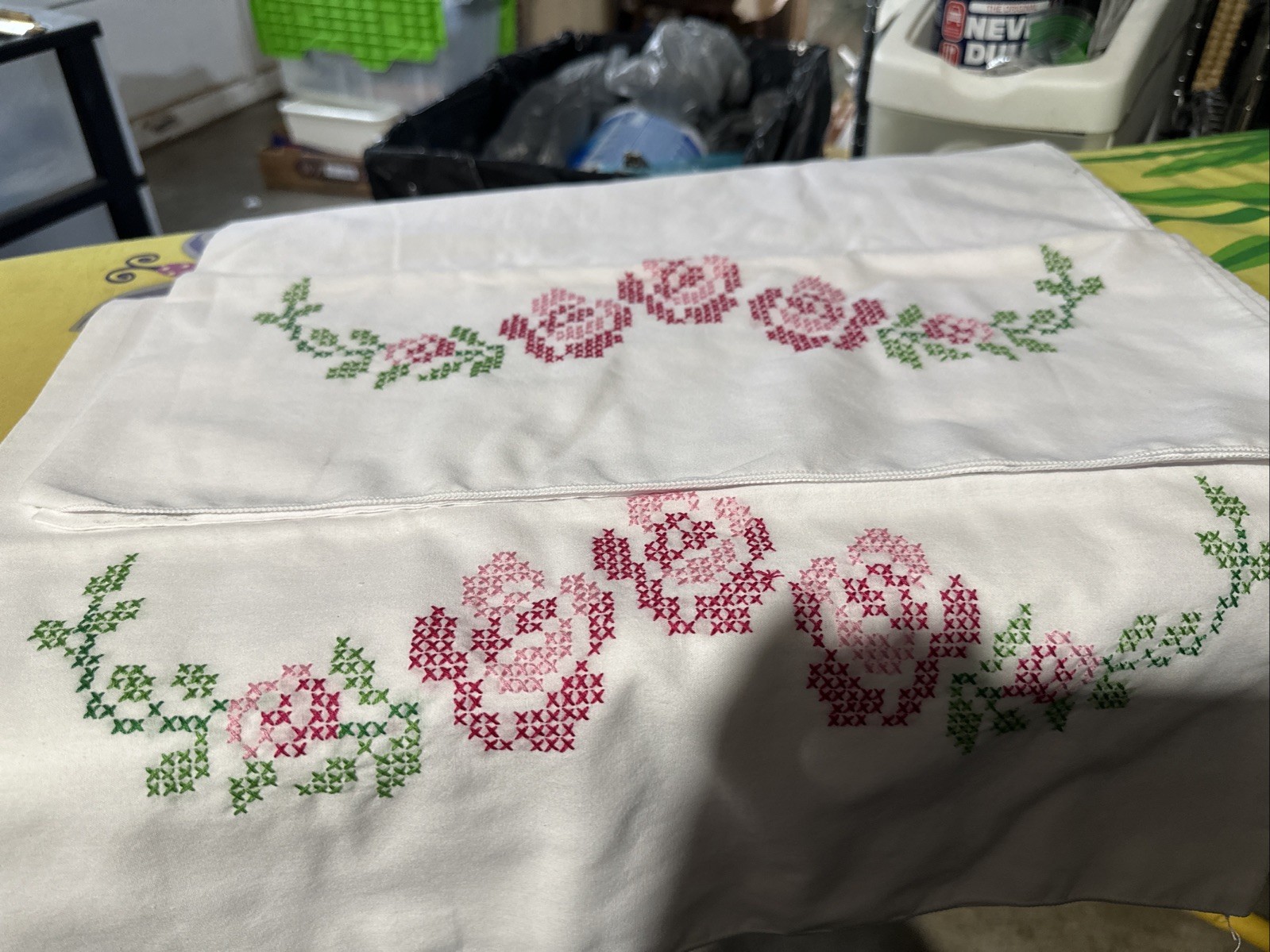 Cross Stitch Pillowcases 2 Handmade Pink Roses Vintage 20 x 30 Cottage core