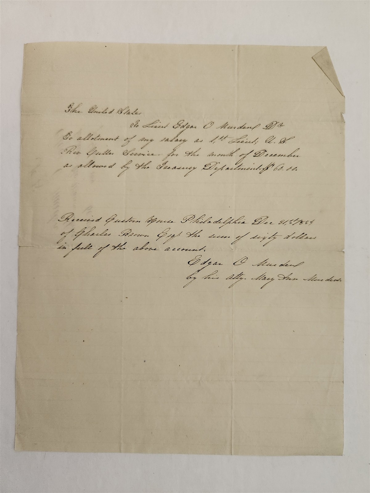 1854 antique US REVENUE CUTTER SERVICE philadelphia pa 1st Lt. EDGAR O MUNDER