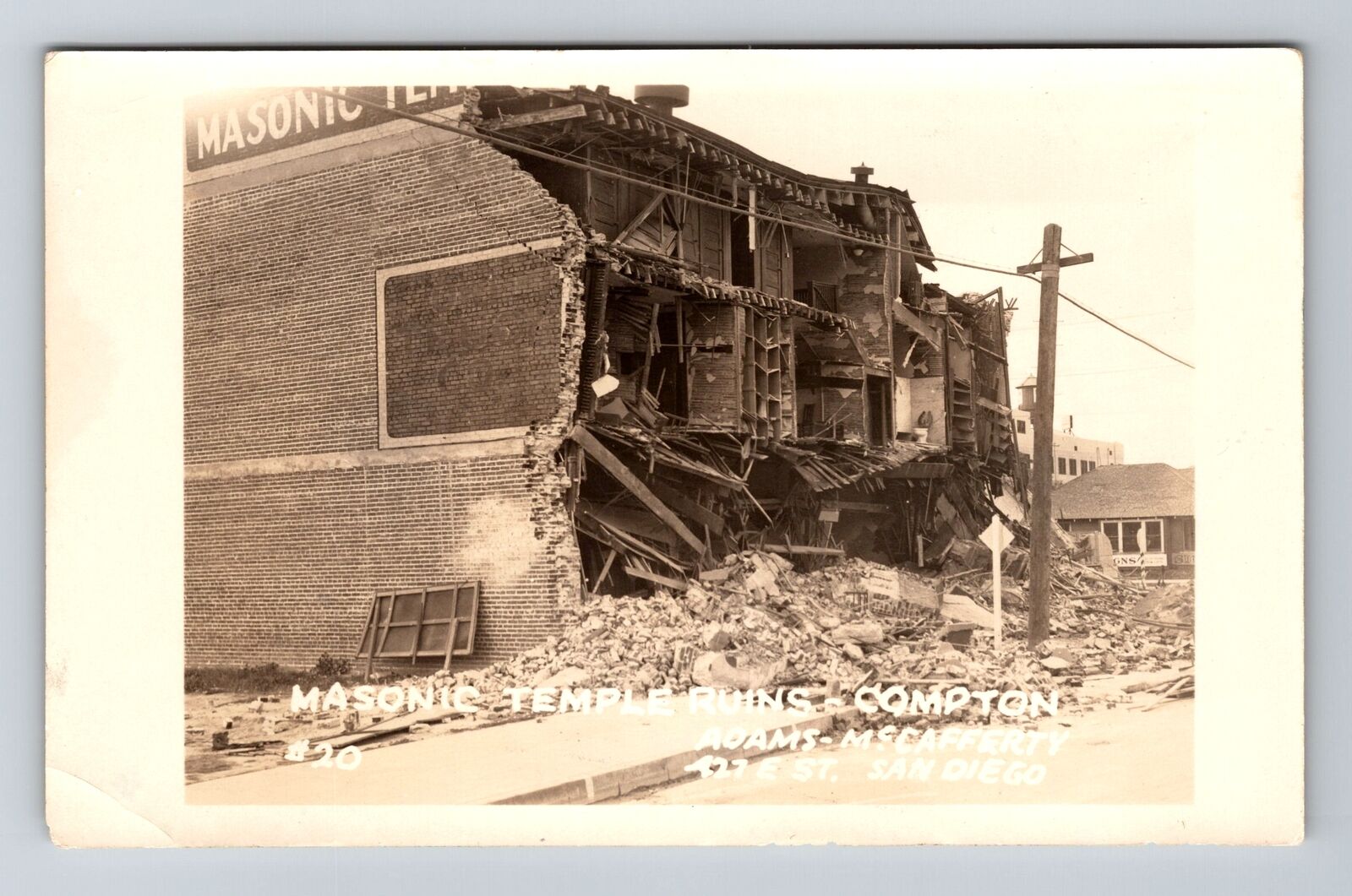 Compton CA-California RPPC Masonic Temple 1933 Earthquake Damage Old Postcard
