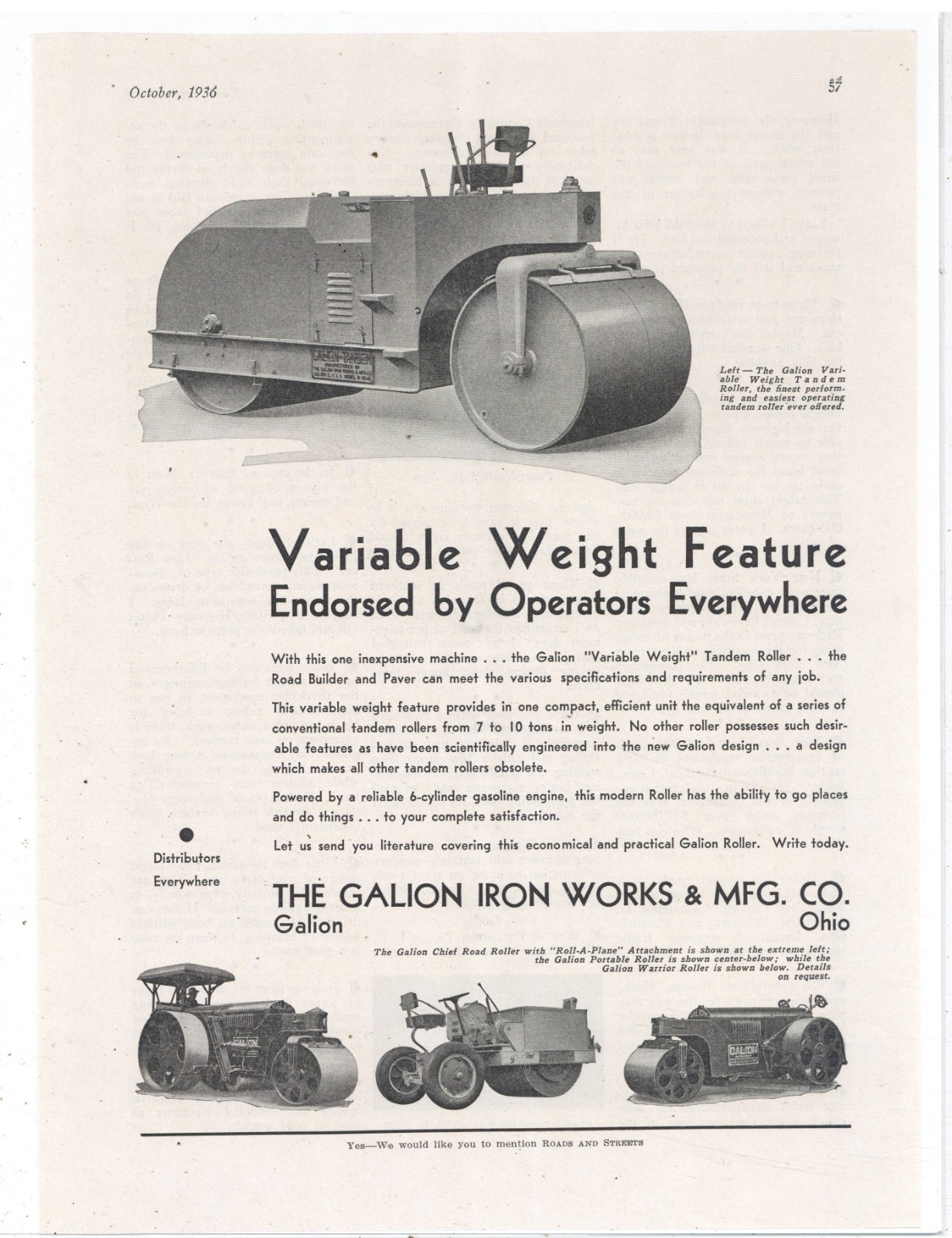 1936 Galion Iron Works of OhiO Ad: Variable Weight Tandem Roller, Chief, Warrior