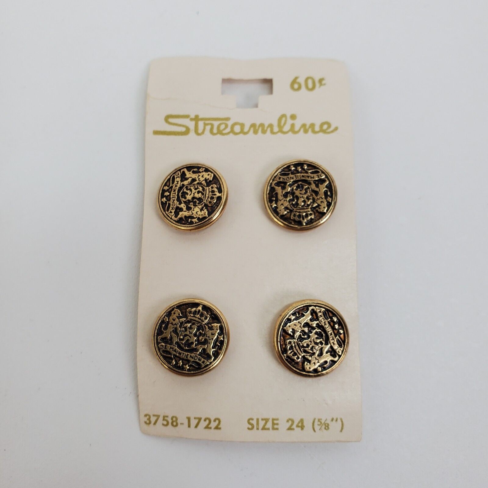 Vintage Streamline Buttons Gold Tone Crest Lion Crown Size 24 5/8 Inch 4 Count Vintage Streamline Buttons Gold Tone Crest Lion Crown Size 24 5/8 Inch 4 Count