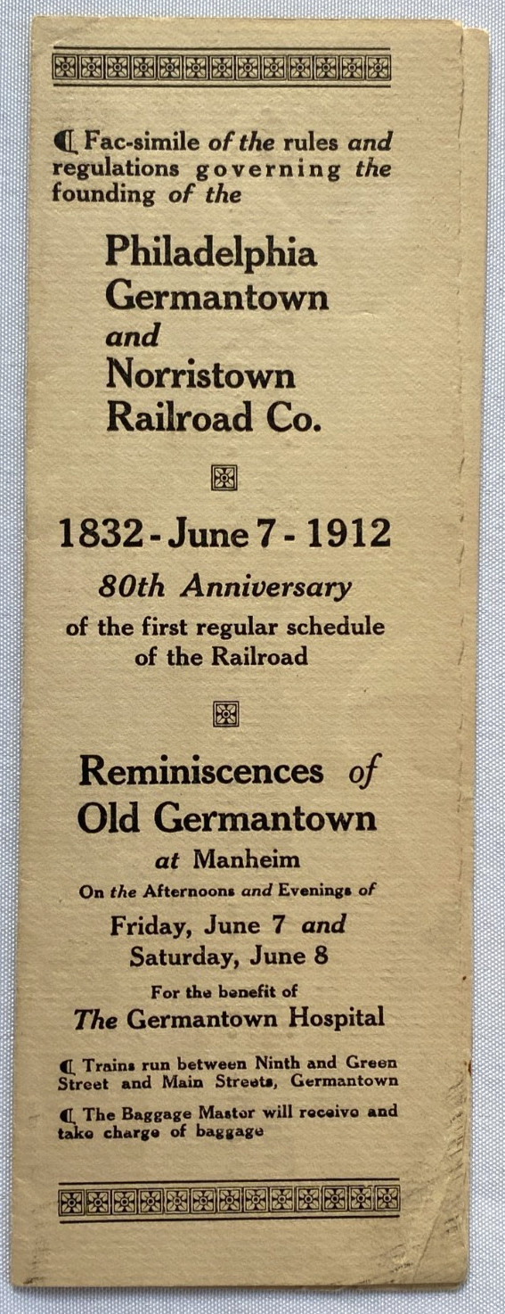 1912 Philadelphia Germantown Norristown Railroad 80th Anniversary Brochure