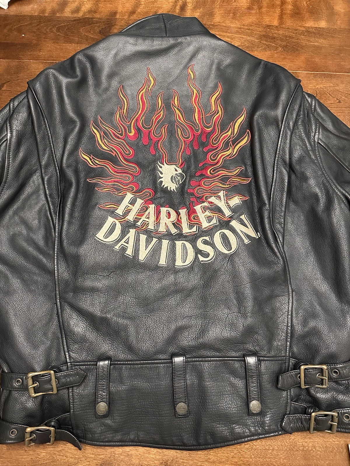 Authentic Harley-Davidson Black Leather Jacket XL Zip Front Flame Back Graphic
