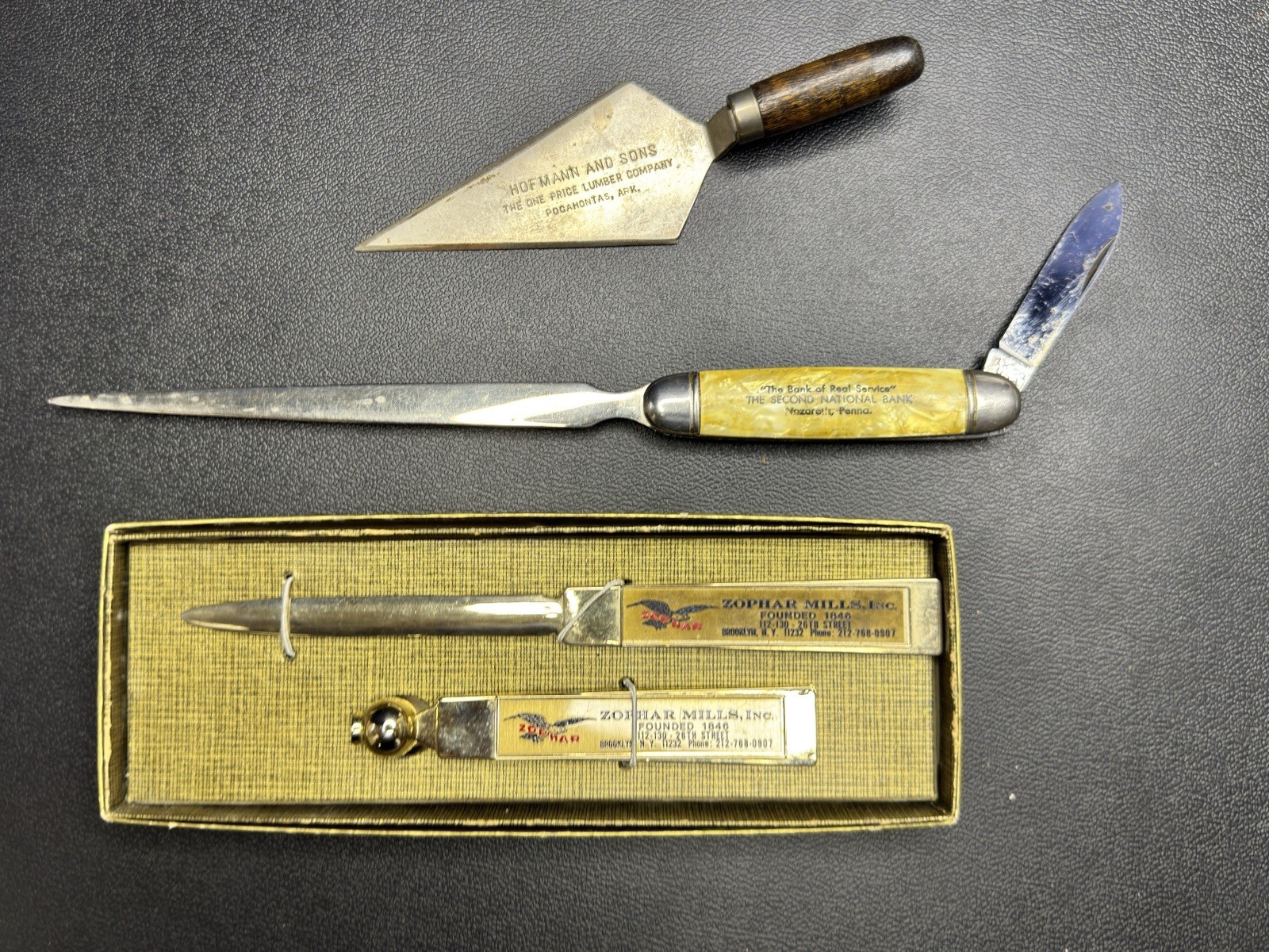Vintage Advertising Lot Trowel Opener Bank Knife Zophar Mills Box Set of 3 Vintage Advertising Lot Trowel Opener Bank Knife Zophar Mills Box Set of 3