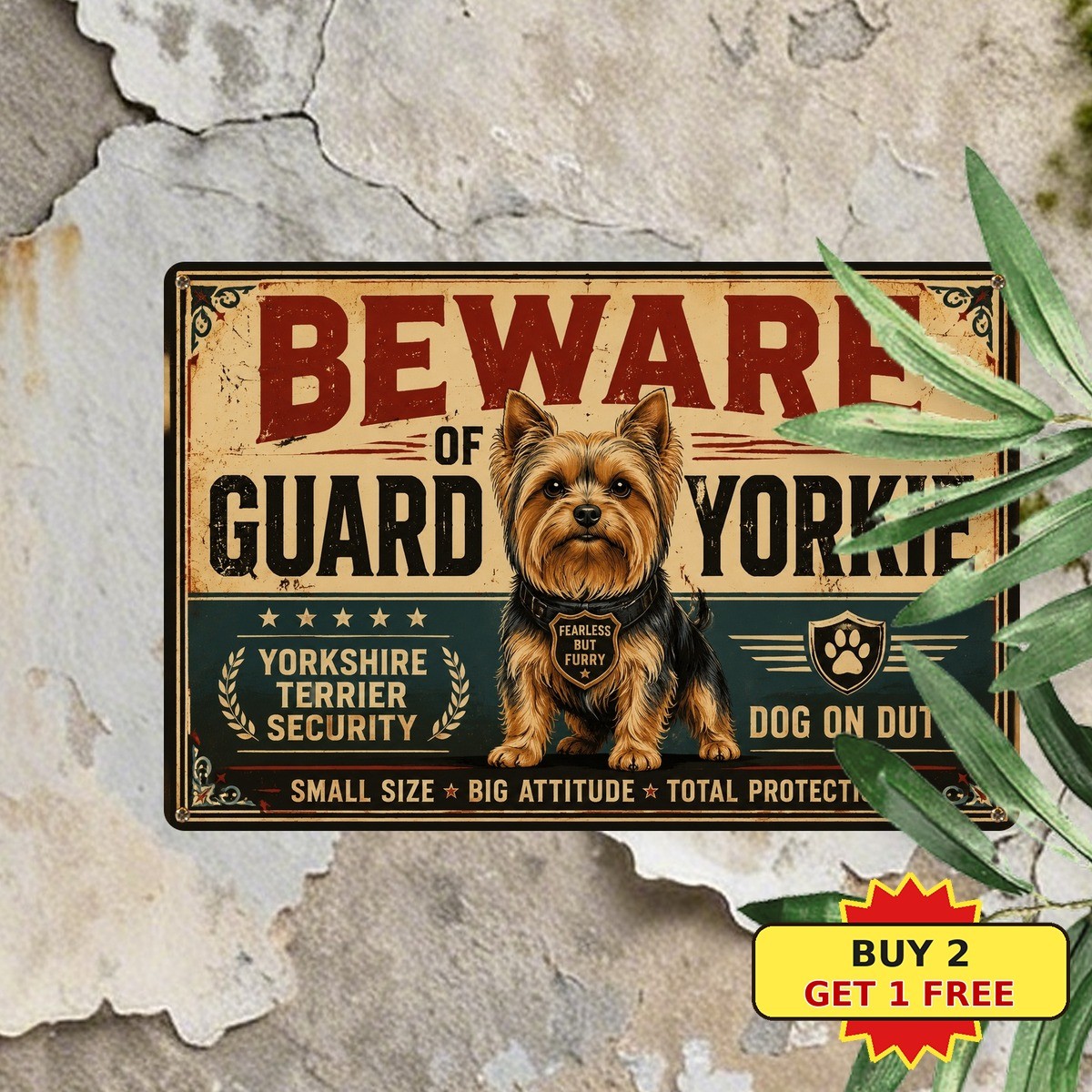 Beware Guard Yorkie Dog Yorkshire Terrier Pet Security Metal Tin Sign Plaque