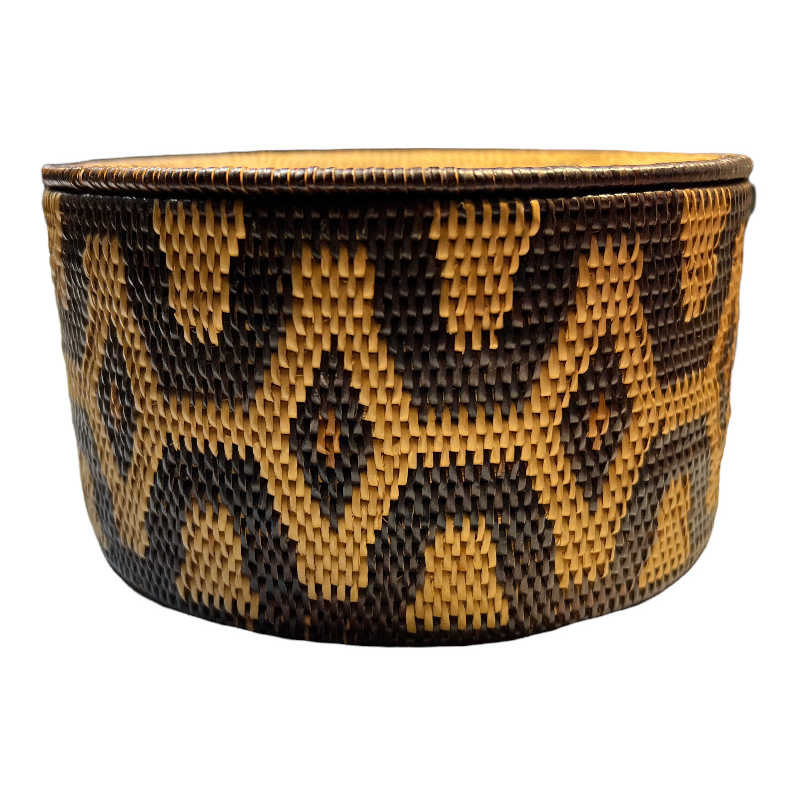 Antique Romblon Island Philippines Coil Basket With Lid Art Geometric Weave Tan