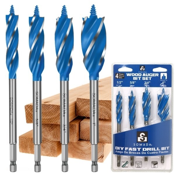 Wood Auger Drill Bit Set 4-Piece 1/2 5/8 3/4 1 Inch Hex Shank Woodworking Kit Wood Auger Drill Bit Set 4-Piece 1/2 5/8 3/4 1 Inch Hex Shank Woodworking Kit