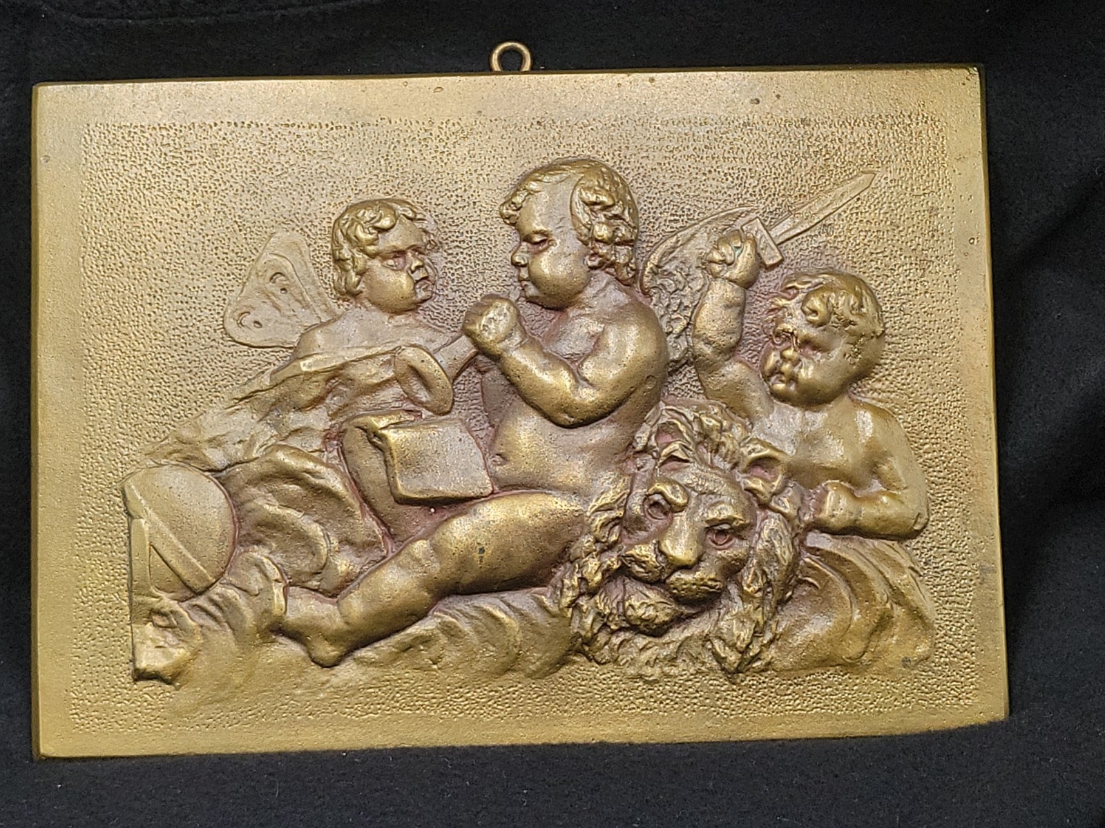 Antique Vtg Bas-Relief Bronze Wall Plaque Neoclassical Cherub  &Putti 19 Century
