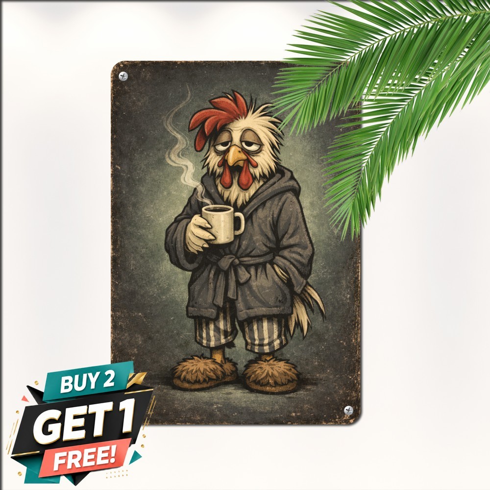 Chicken And Morning Coffee Sign Quirky Farmhouse Rooster Metal Plaque 8x12