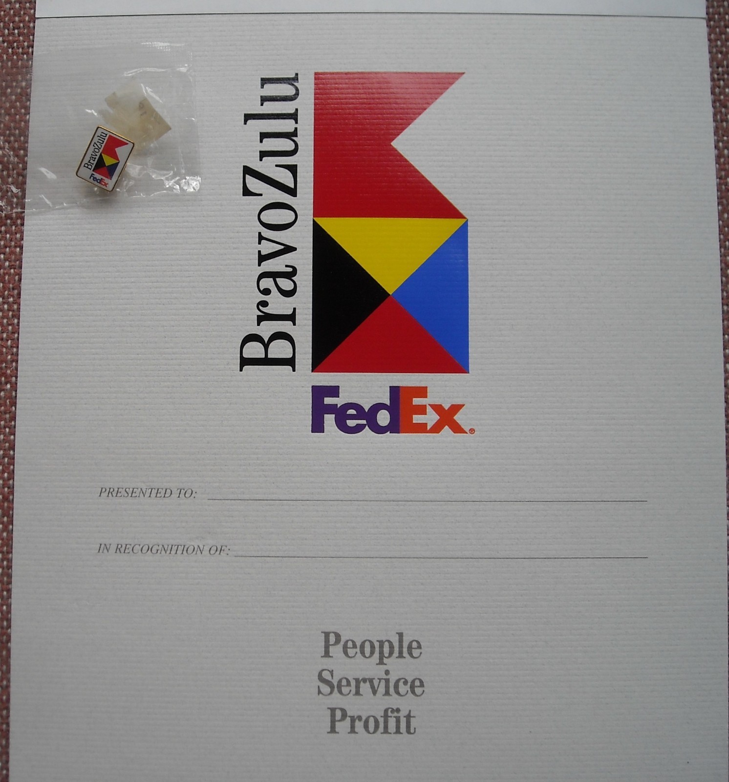 FEDEX ~ BZ ~ BRAVO ZULU CERTIFICATE + LAPEL PIN ~ FEDERAL EXPRESS