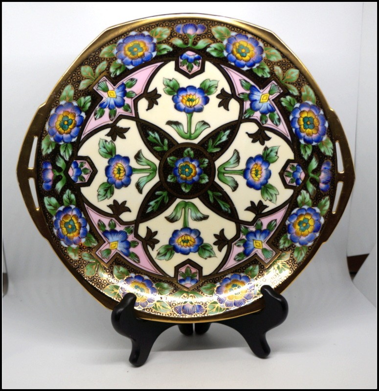 Vintage Noritake Art Deco Pierced Handle Bowl Geometric Floral Moriage Gold 11\