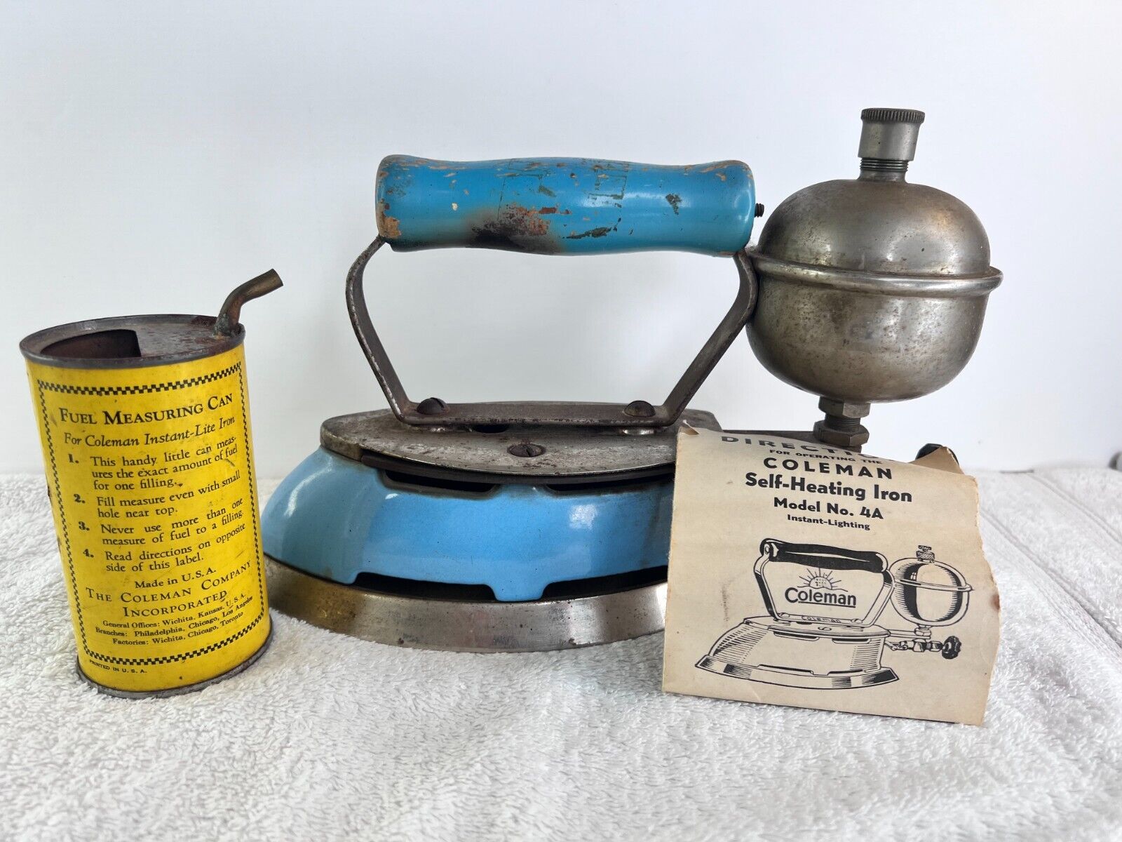 Vtg Coleman Model #4A Iron with Gas Can & Instructions