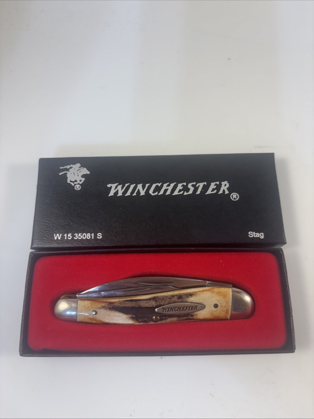 Vintage 1995 Winchester USA 350815 Stag 3 Blade Knife NIB