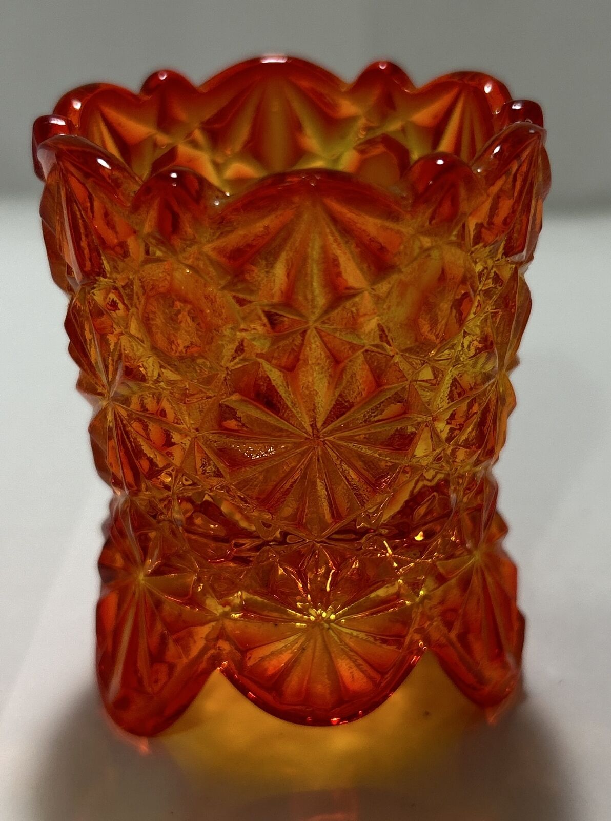 Vintage LG Wright Daisy and Button Amberina Glass Footed Toothpick Holder
