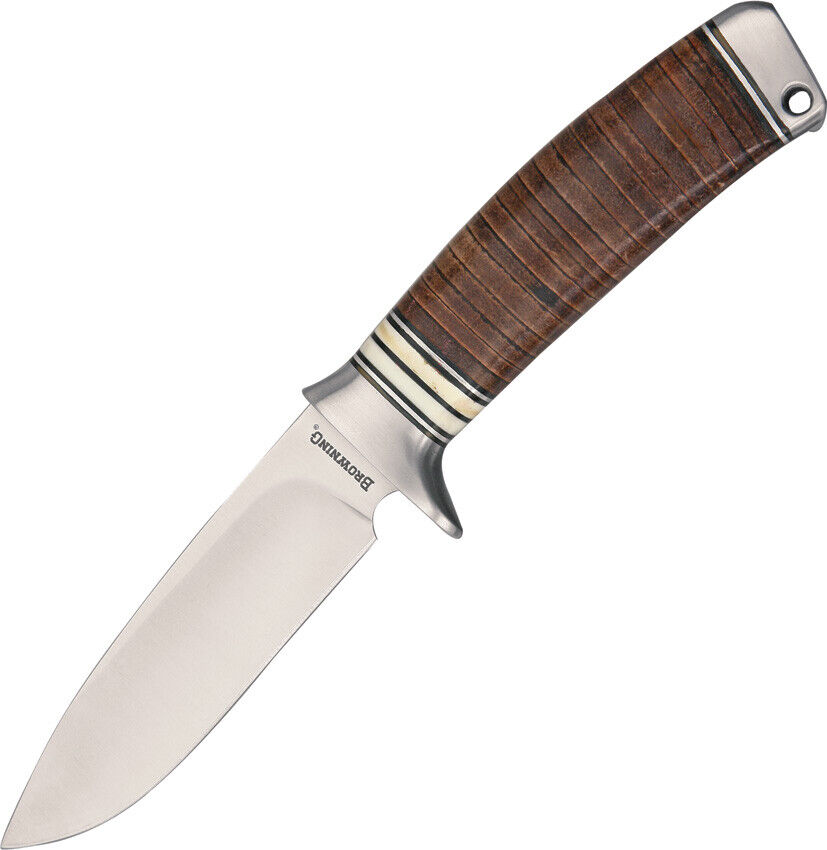 Browning Stacked Brown Leather Handle Stainless Fixed Drop Pt Blade Knife 814