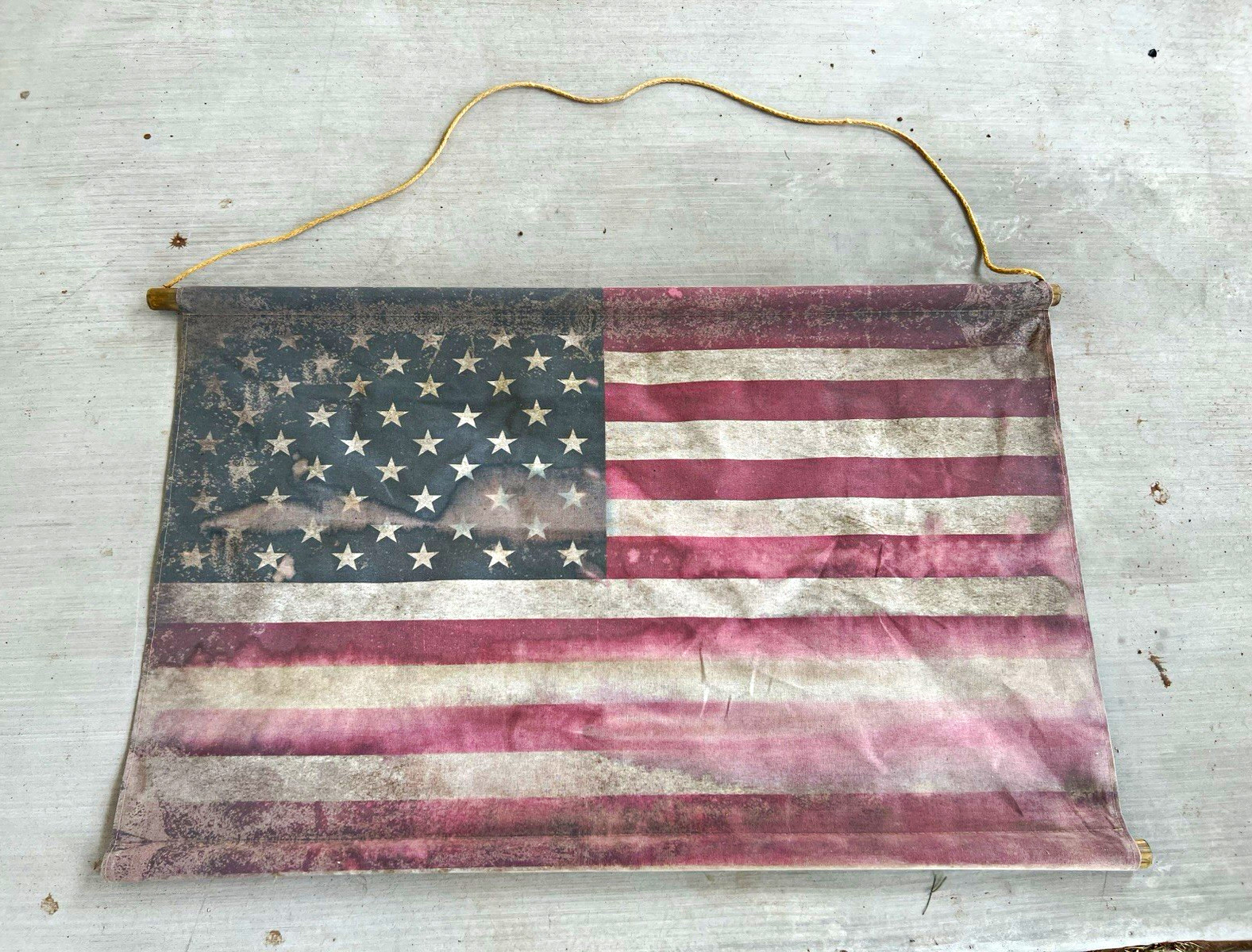 Vintage Small American Flag Wall Hanging Banner Decor w/ Cord Hanger
