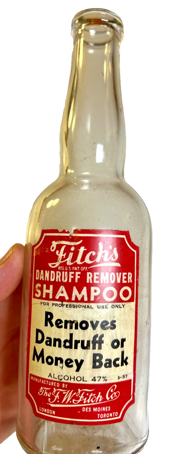 1937 Fitch’s Dandruff Remover Shampoo Bottle Labeled Des Moines Barber Loaned