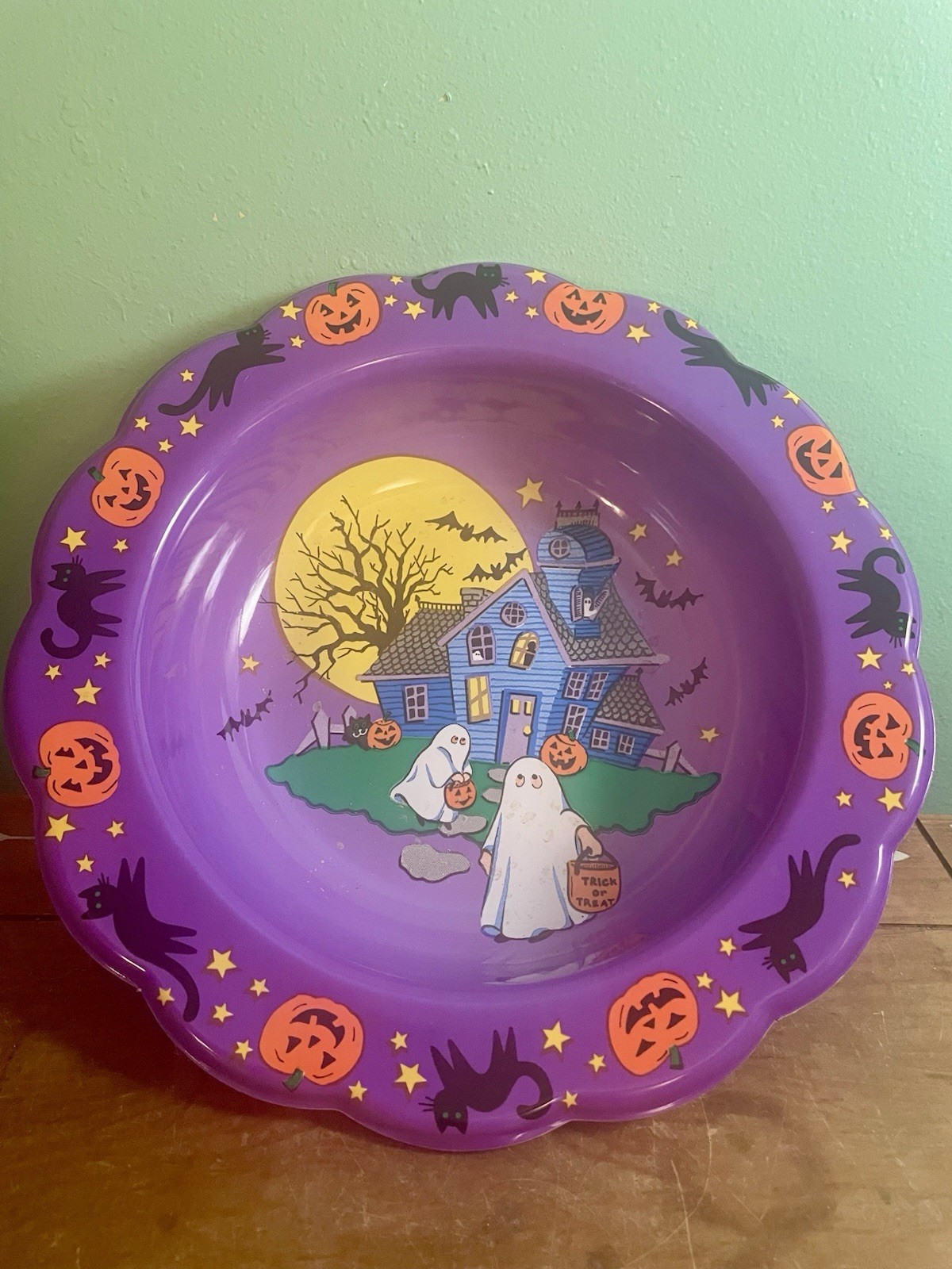 Vtg Berman Industries Halloween Candy Bowl Pumpkin, Cat And Bats Trick Or Treat Vtg Berman Industries Halloween Candy Bowl Pumpkin, Cat And Bats Trick Or Treat