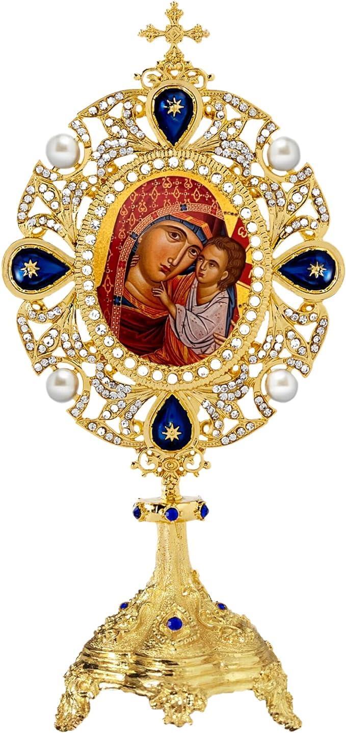 Virgin the Healer with Christ Icon in Footed Frame for Altar or Shrine 7 In Virgin the Healer with Christ Icon in Footed Frame for Altar or Shrine 7 In