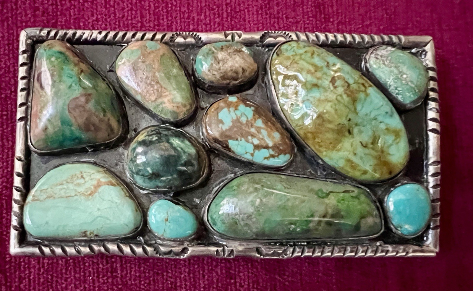 STUNNING VTG STERLING NATIVE AM. BELT BUCKLE CLUSTER VARIOUS TURQUOISE STONES STUNNING VTG STERLING NATIVE AM. BELT BUCKLE CLUSTER VARIOUS TURQUOISE STONES