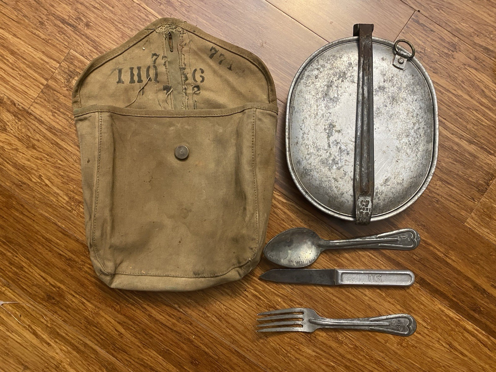 Complete WWI US Army M1910 Mess Kit Pouch Fork Spoon Knife Meat Can WW1
