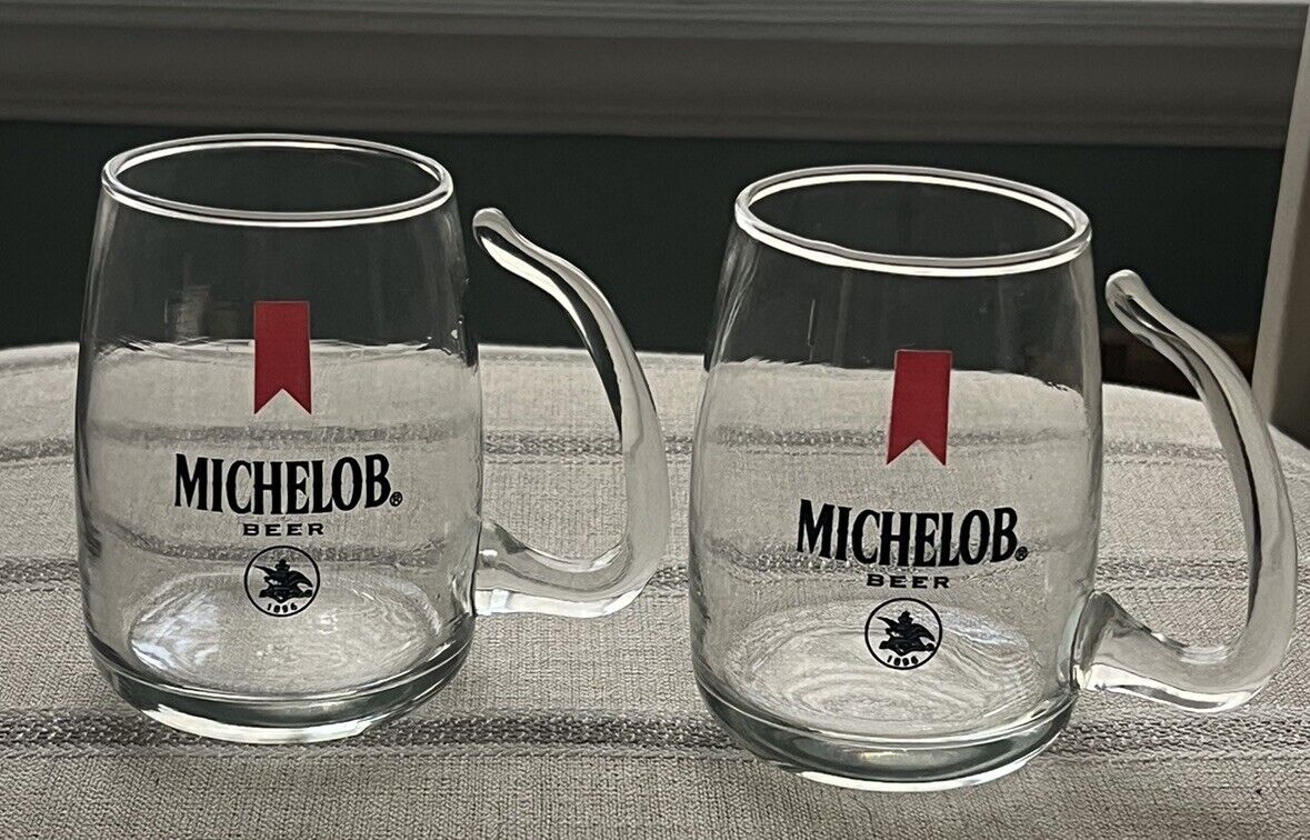 2 Vintage Michelob 1970s Beer Collectible Glasses Red Ribbon With Curved Handle