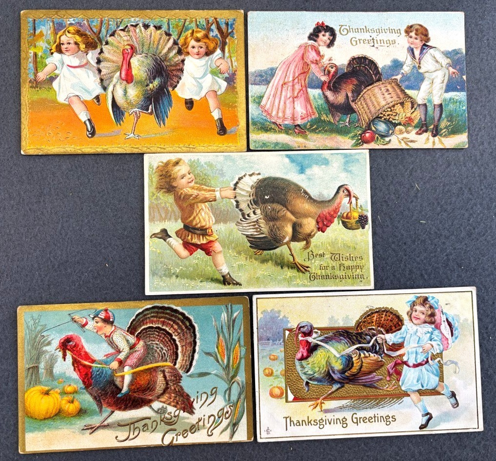 Vintage Thanksgiving Postcards Lot of 5 Children Turkeys Embossed Gold 1909