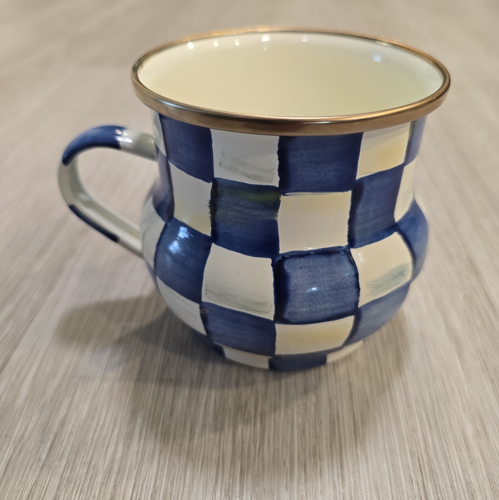 Mackenzie Childs Royal Check Blue White Enamel Mug Coffee Cup Farmhouse Decor