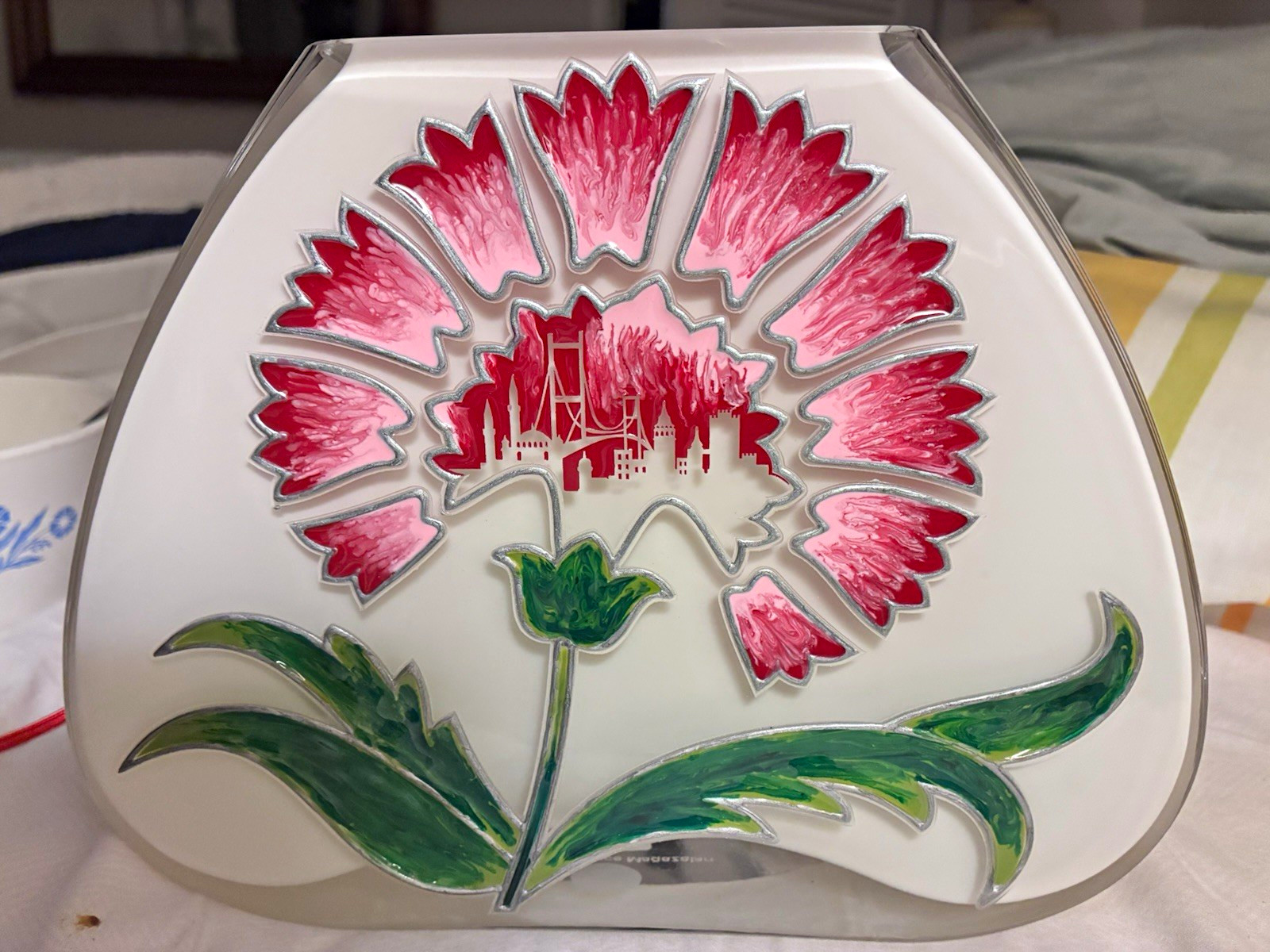 Pasabahce istanbul.dan Hand Painted Glass Carnation Vase Istanbul Skyline 82169