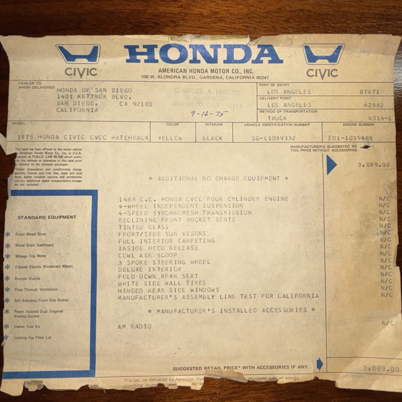 1975 Honda Civic CVCC Original Window Sticker Monroney Honda San Diego Vintage