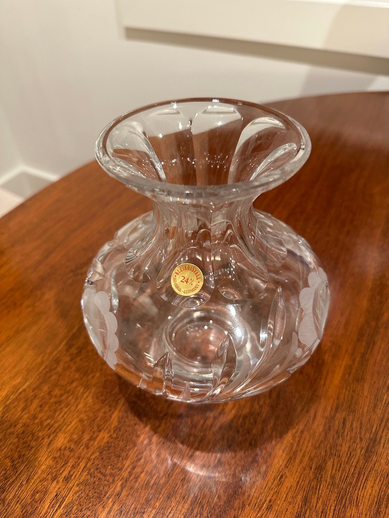 Vintage Bavarian Cut Crystal (24%) Vase (Likely Anne Hutte) Rose/Leaf - 7