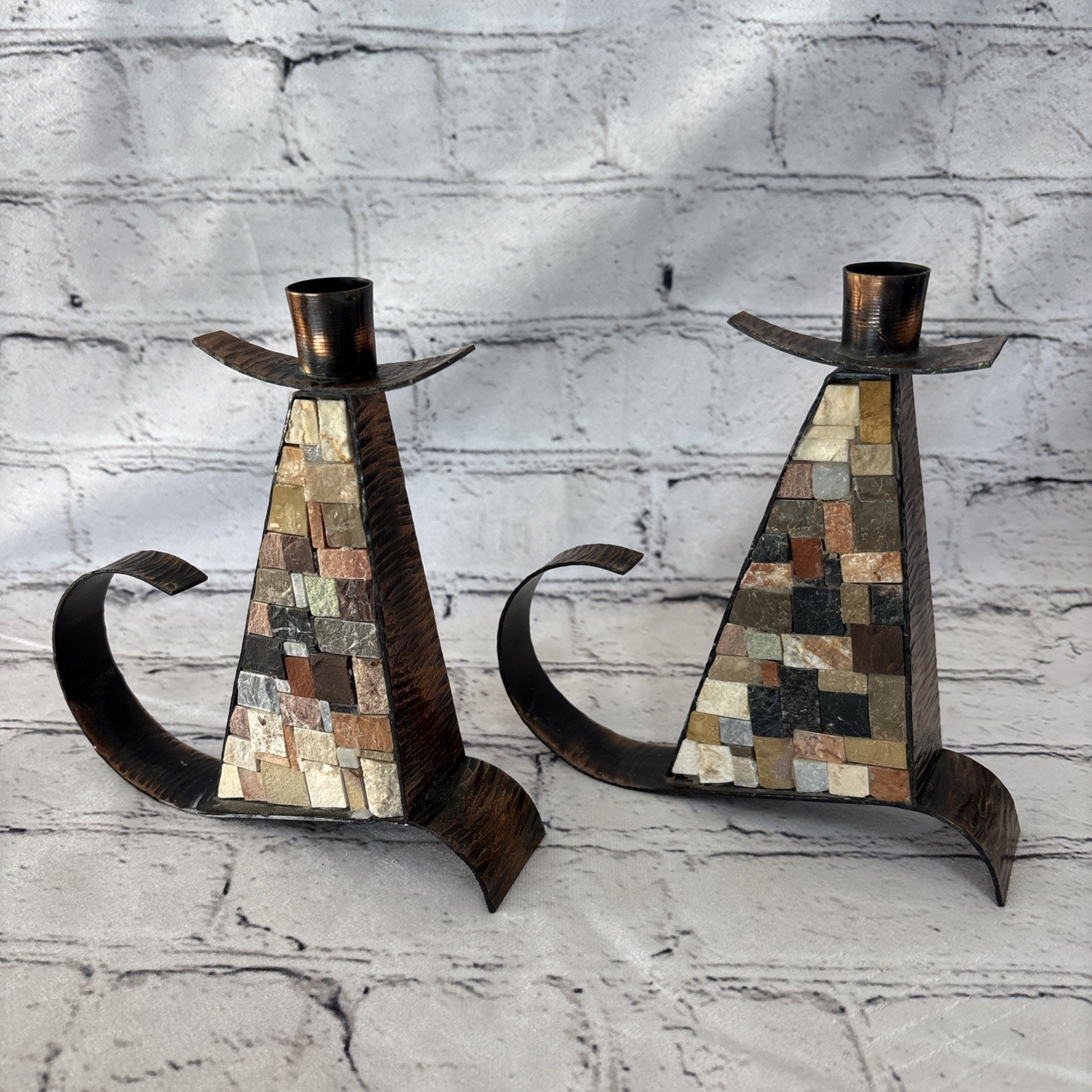 Eilon Mosaics Made in Israel 7” Hammered Copper and Stone Candlesticks Set of 2