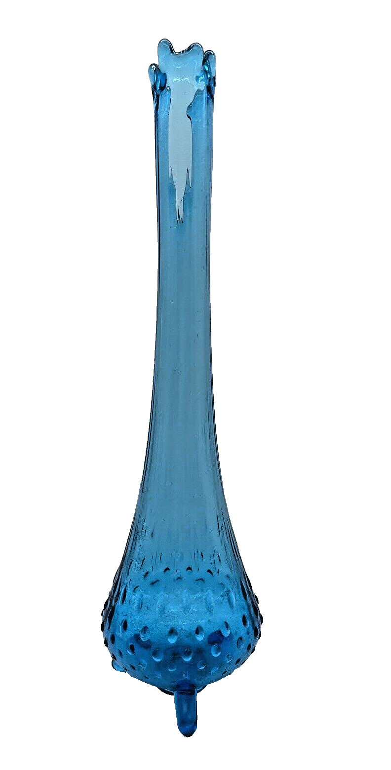 Vintage L. E. SMITH BLUE HOBNAIL SWUNG STRETCH THREE TOED GLASS VASE 14\