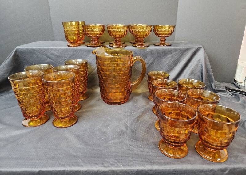 Vintage Whitetail Amber Glass Set 22 Pc Pitcher And Footed Tumblers