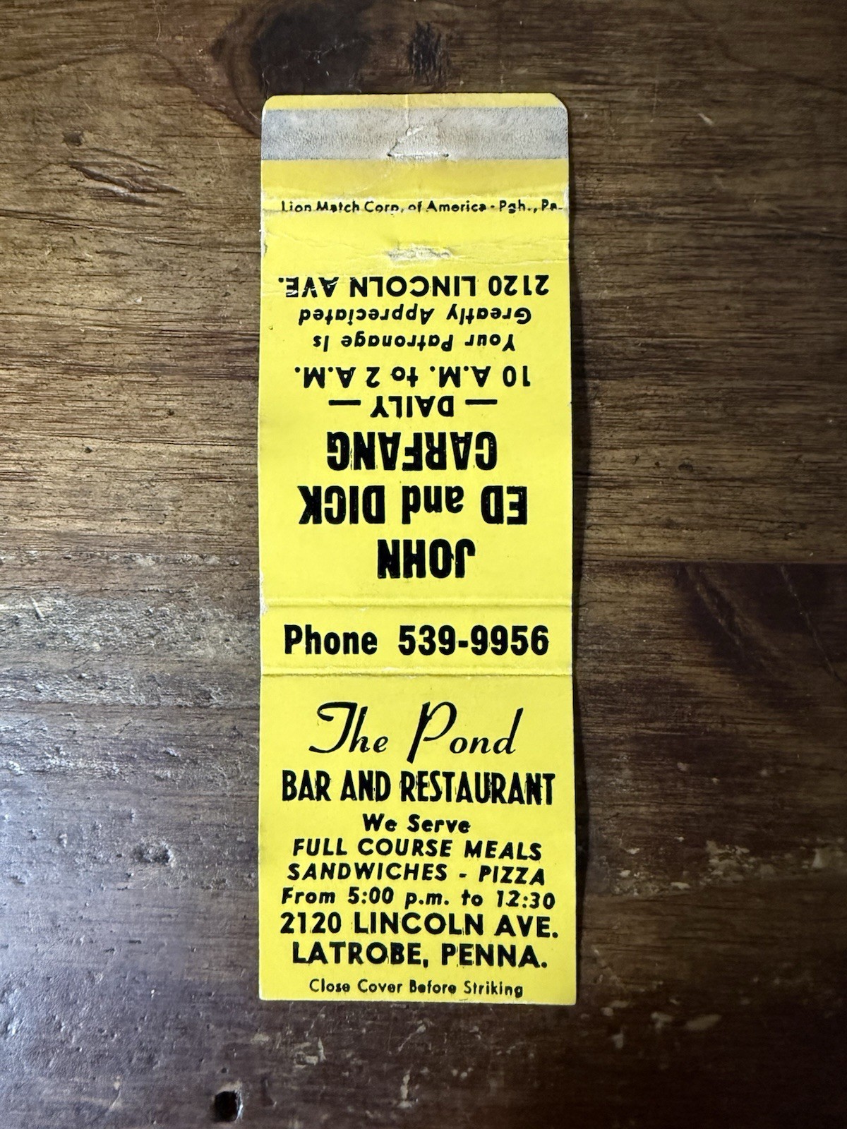 H1326 The Pond Bar & Restaurant Latrobe Pennsylvania Vintage Matchbook Cover
