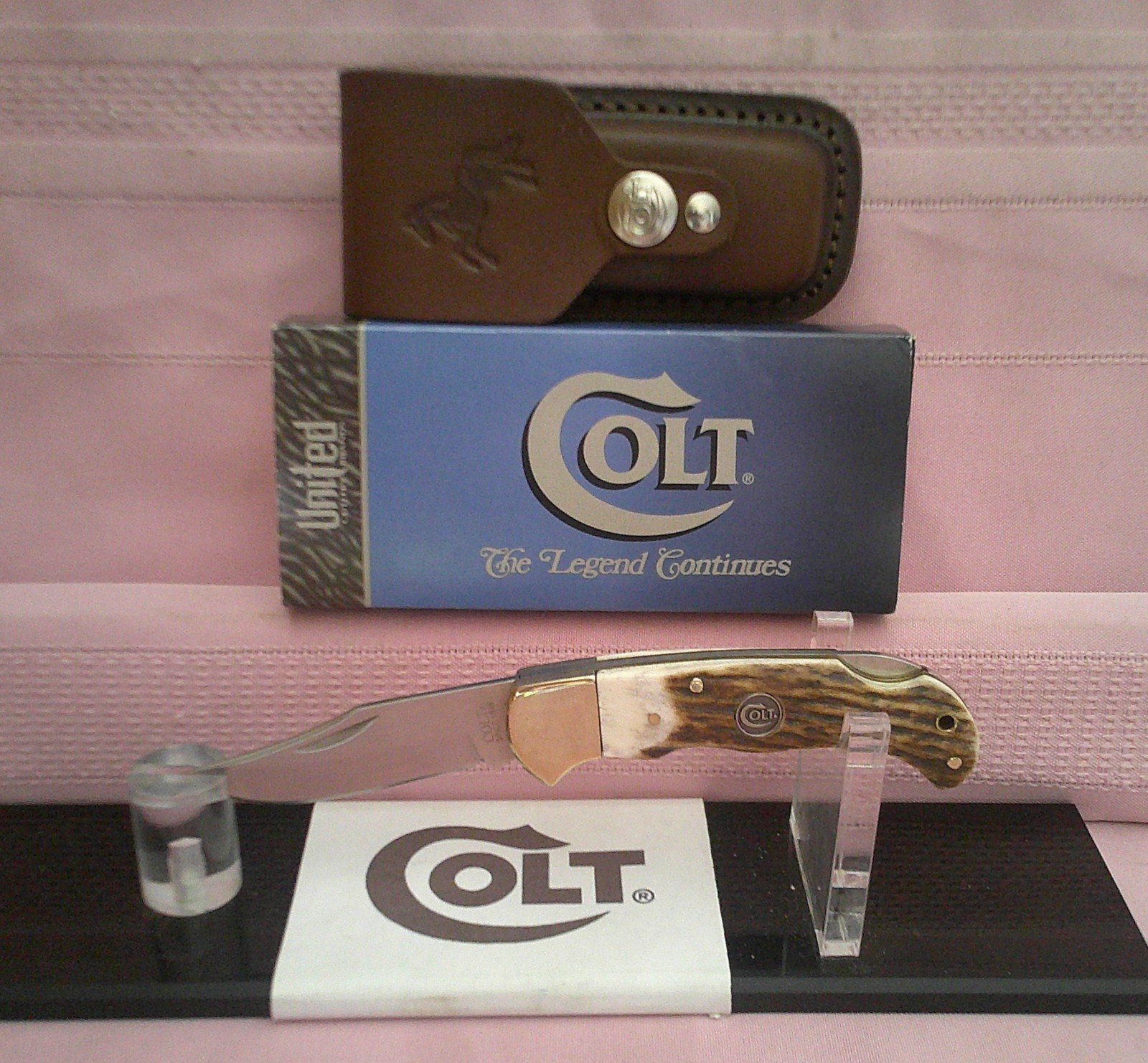 NIB Massive Colt Large Stag Folding Hunter Knife with USA Made Leather Sheath