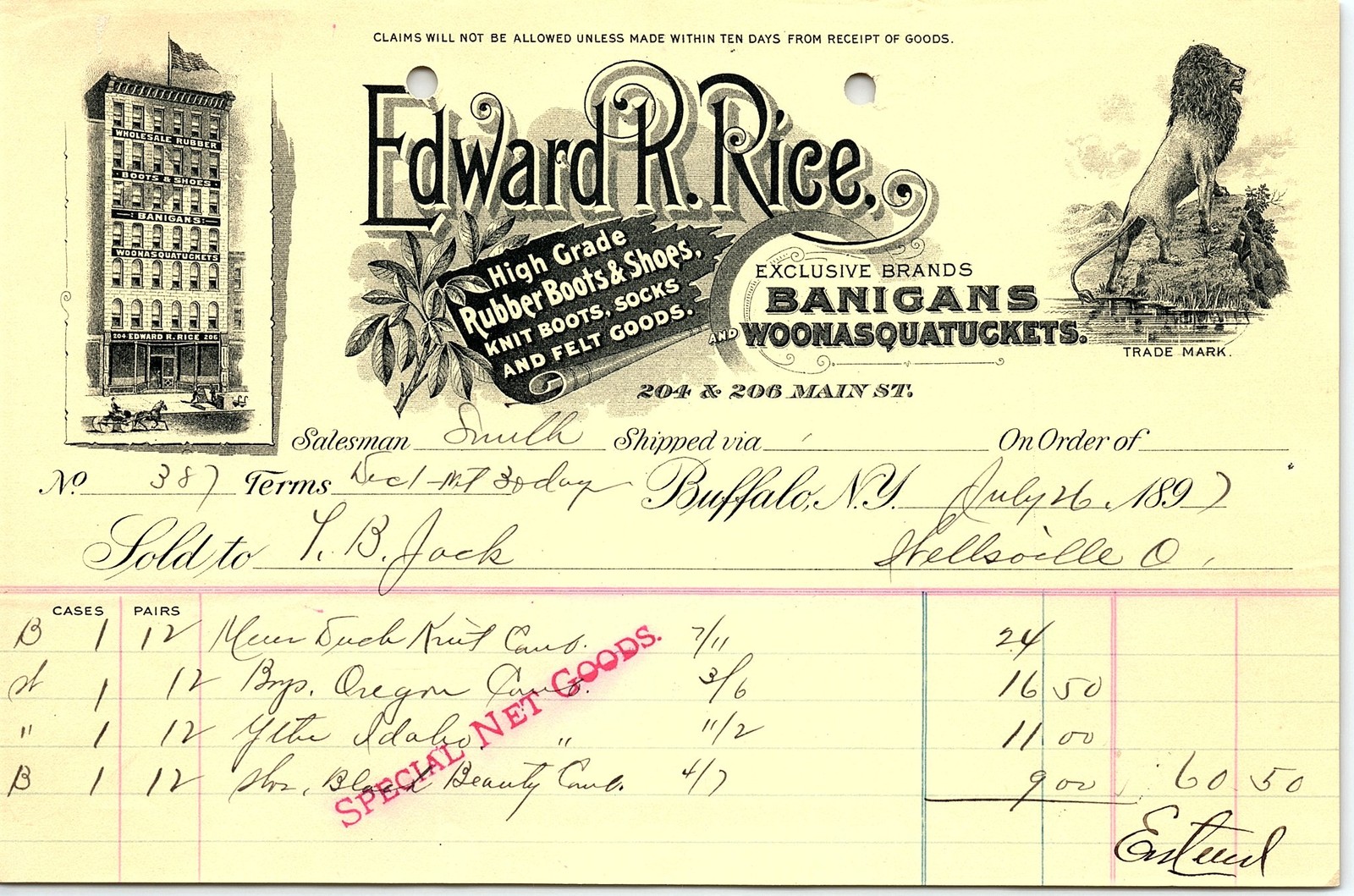 1897 Edward R. Rice Buffalo NY Boots & Shoes Billhead
