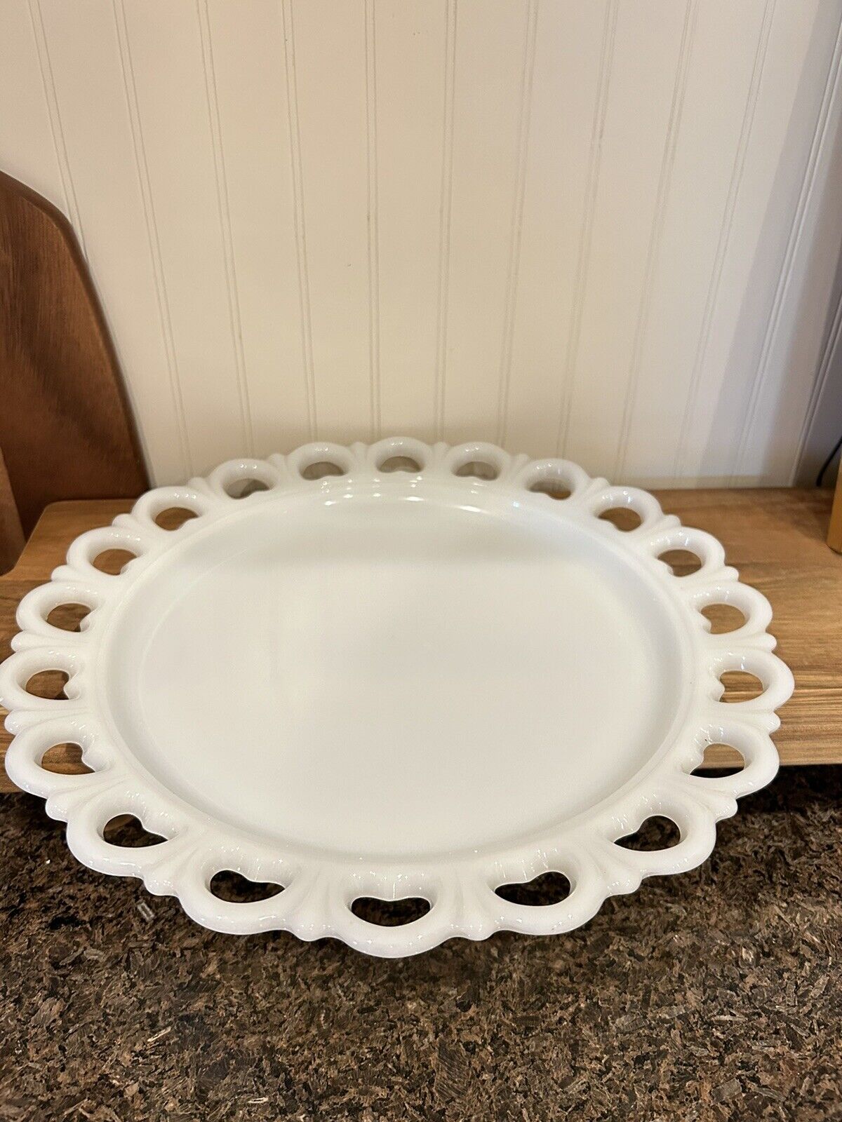 Vintage  White Milk Glass Lace Edge Serving Platter Cake Plate 13”