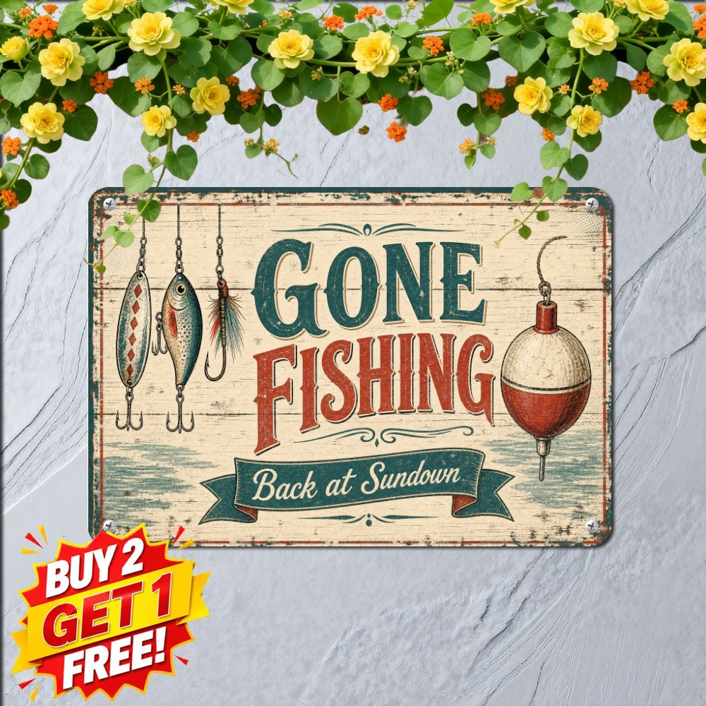 Gone Fishing Nautical Lake Decor Sign Vintage Dock Angler Cabin Metal Plaque