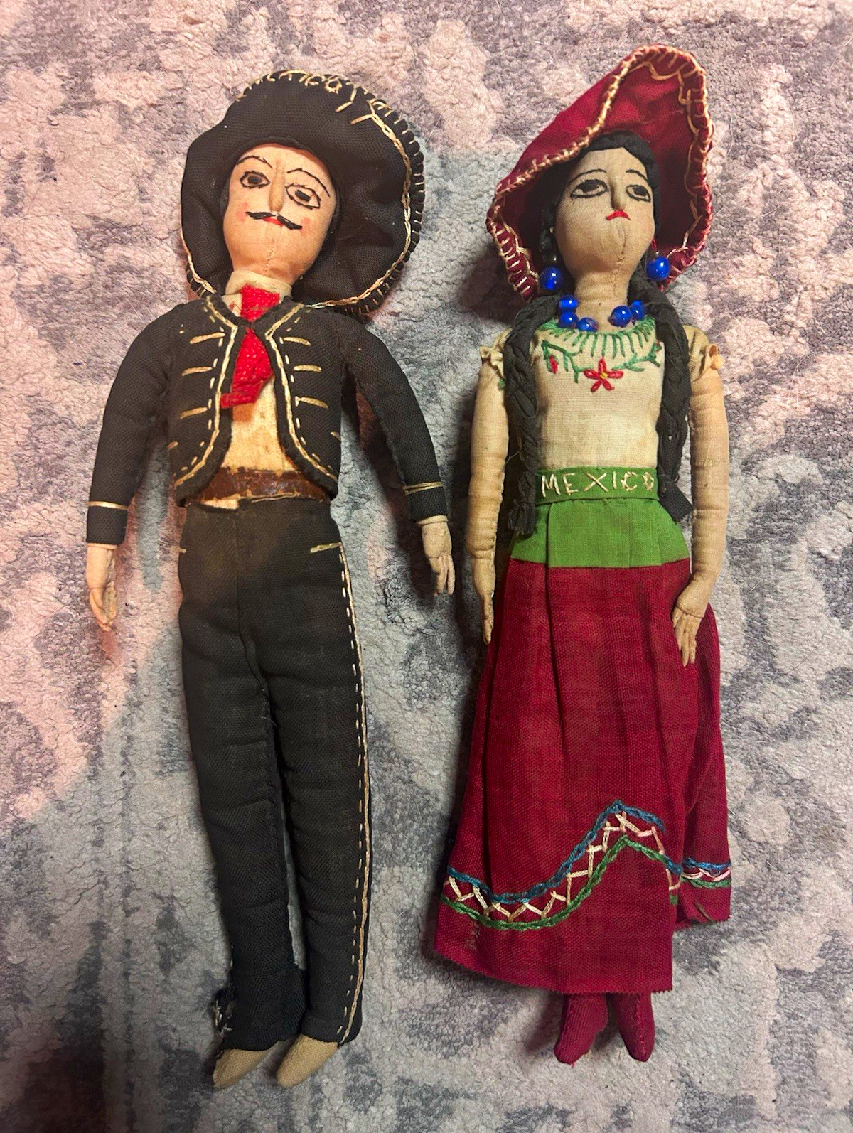 Vintage Pair Mexican Cloth Folk Dolls in Traditional Outfits Man & Woman