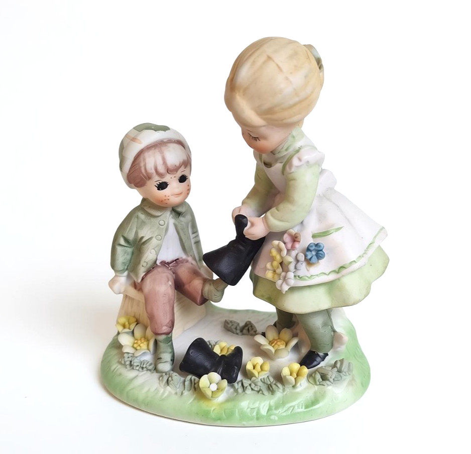 Vintage Lefton Girl Putting Boot On Boy Figurine Bisque Ceramic Flower Base 5\ Vintage Lefton Girl Putting Boot On Boy Figurine Bisque Ceramic Flower Base 5\