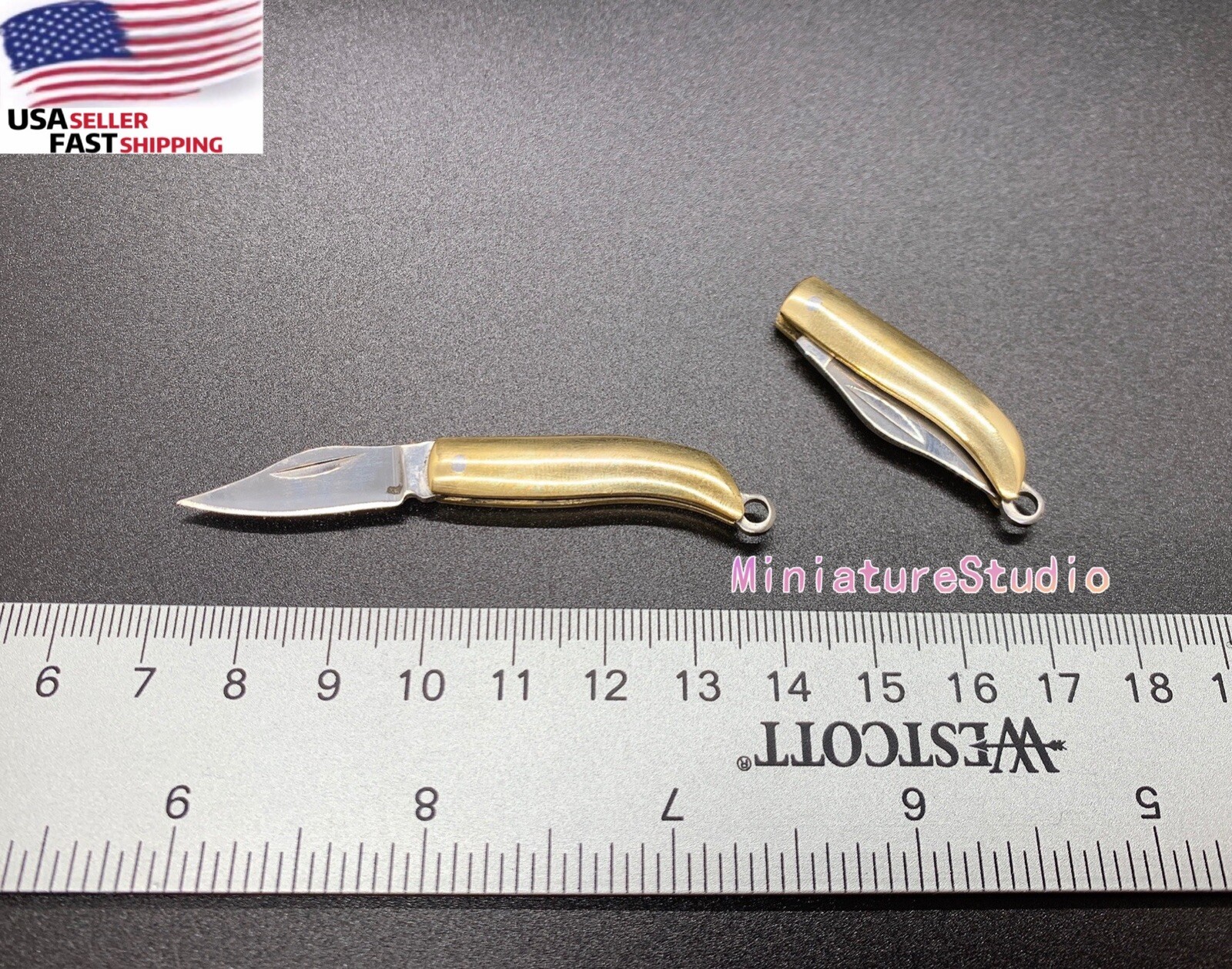 Miniature Tiny Working World\'s Smallest Folding Pocket EDC Brass Knife Keychain
