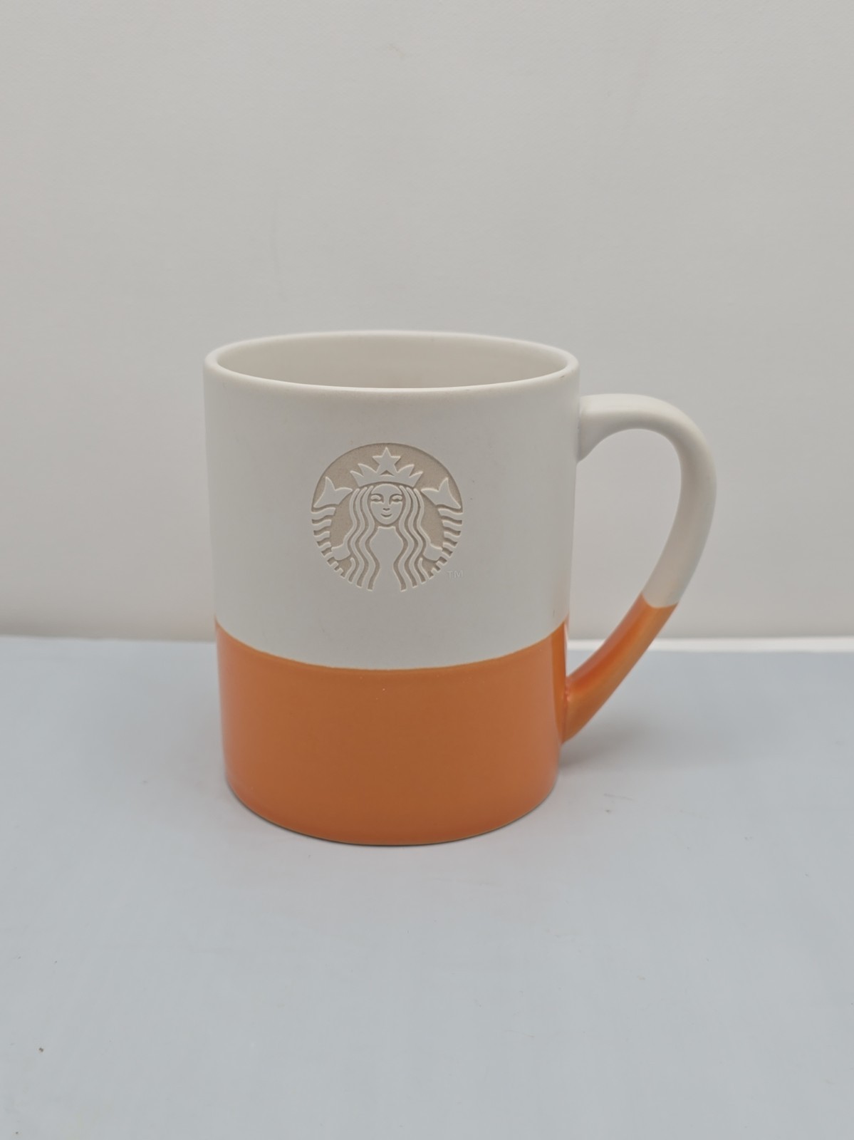 Starbucks 2014 Orange White Two Tone Embossed Siren Logo Mug 14oz Coffee Cup