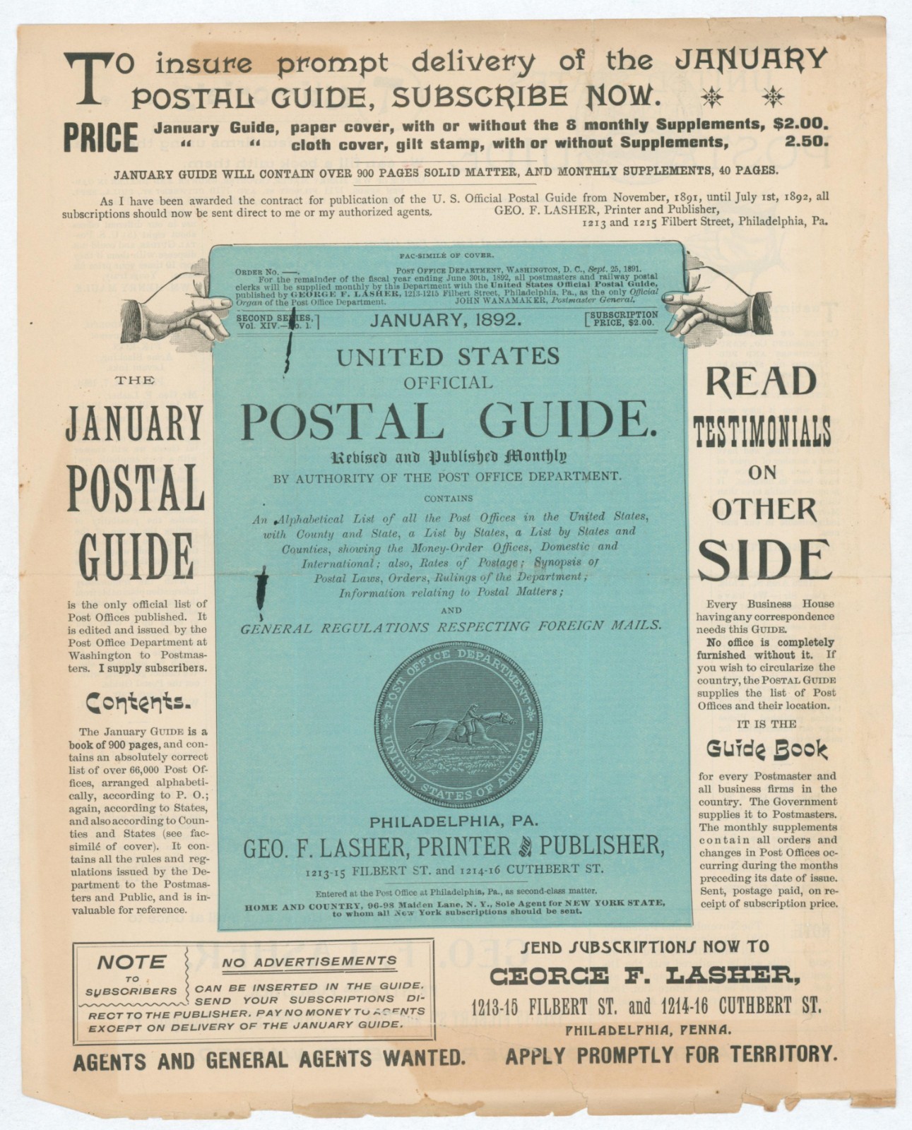 1891 US Official Postal Guide Color Post Office Philadelphia PA Trade Circular 1891 US Official Postal Guide Color Post Office Philadelphia PA Trade Circular